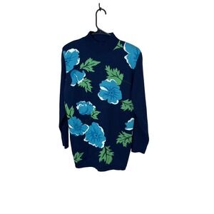 Vintage Alfred Dunner Navy Blue Floral Mock Neck‎ Long Sleeve Sweater Women's M